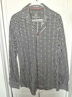 Bugatchi Uomo Black and White Gingham Dress Shirt with Subtle Red Trim